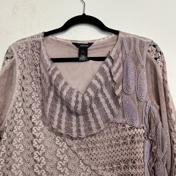 Ali Miles Embroidered Lace Overlay Lined Tunic Blouse Asymmetrical Size L Purple - Picture 2 of 12